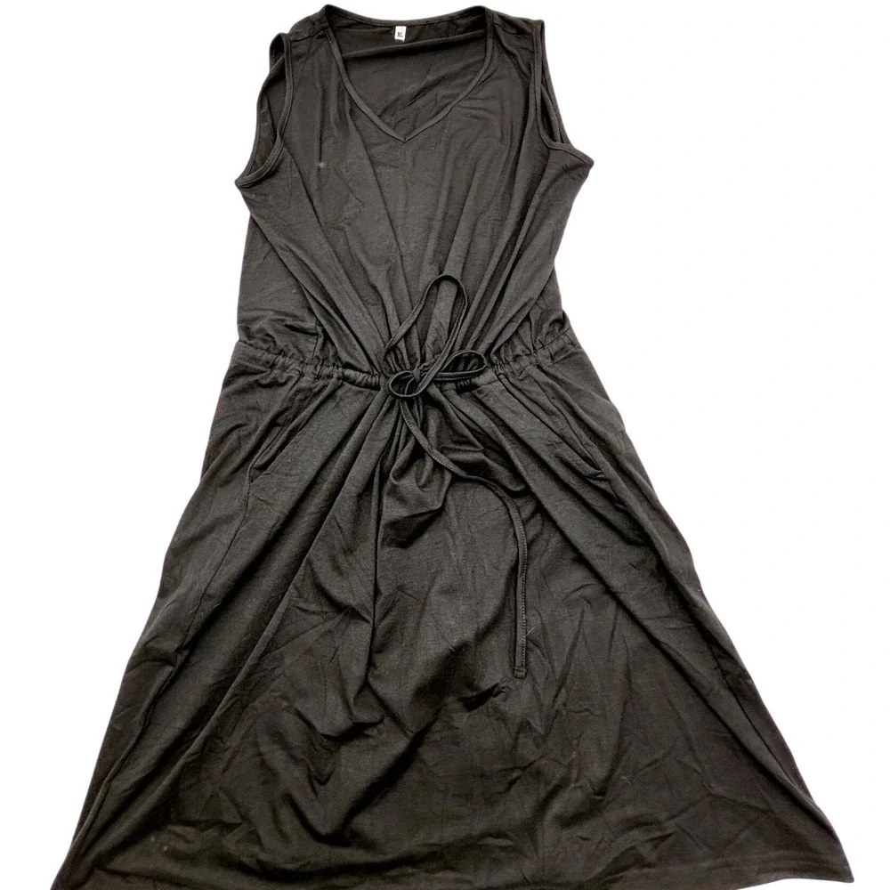 Black Sleeveless V-Neck Midi Dress with Drawstring Waist and Pockets XL - Picture 4 of 7